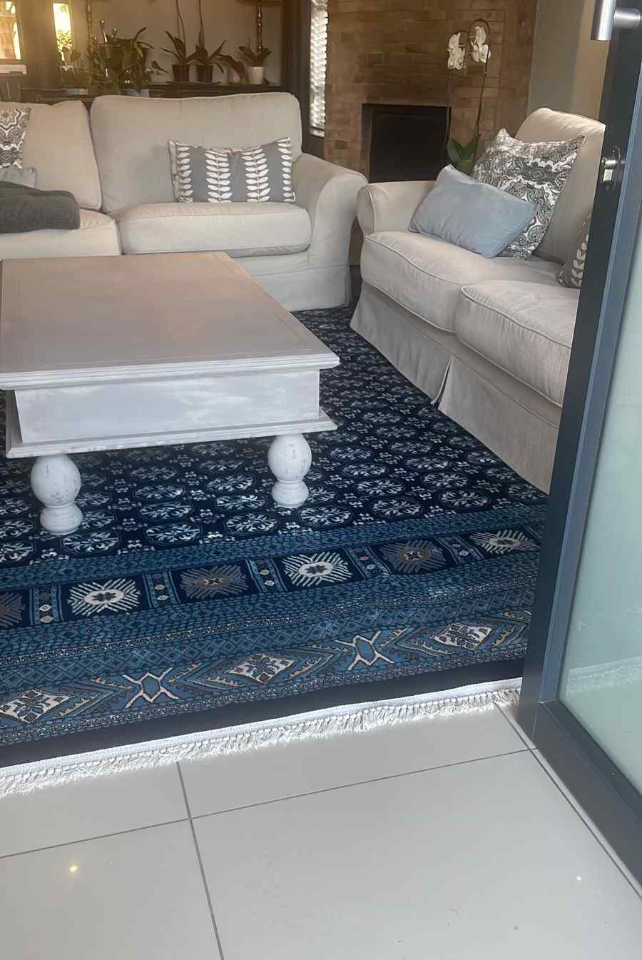 blue large area rug Bukhara rug