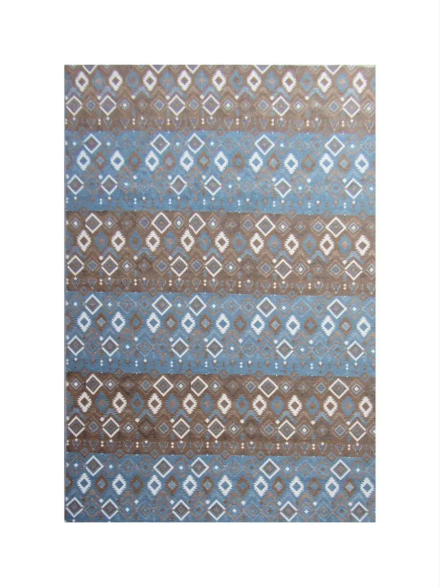 Modern Reversible Chenille Rug – Trellis Tribal Design – Blue Brown & White (Style: MDR074)