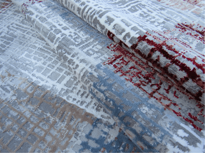 grey blue red round rug