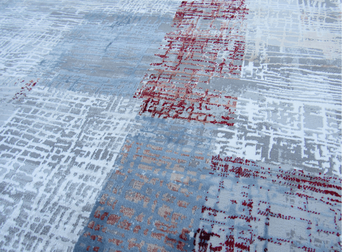 Modern Abstract Round Rug – Light Grey , Blue & Red - Image 4