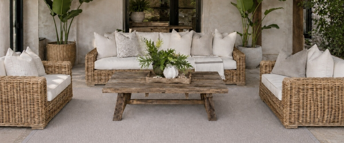 A large custom wool rug featured on a patio with rattan furniture