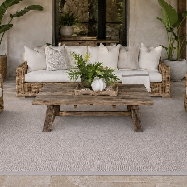 A large custom wool rug featured on a patio with rattan furniture