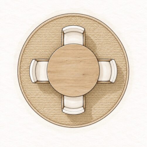 Rug size guide illustration for four seat round table with 220cm round rug