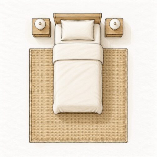 Rug size guide illustration for single bed with 160x230cm rectangular rug