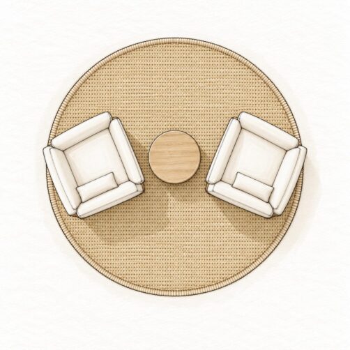Rug size guide illustration for two armchairs with 220cm round rug
