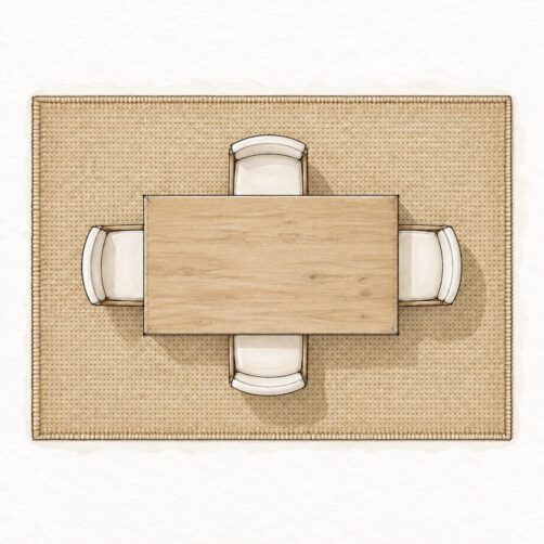 Rug size guide illustration for four seat table with 200x290cm rug