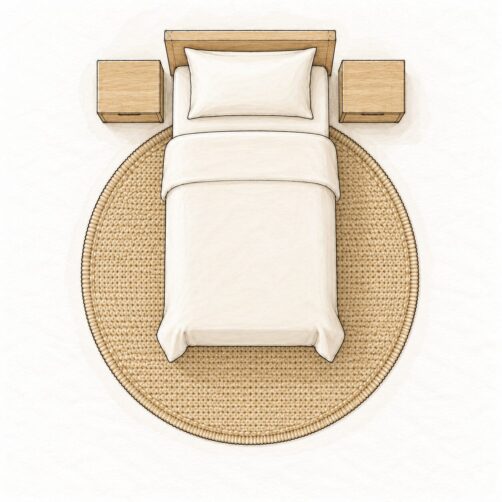 Rug size guide illustration for single bed with 200cm round rug