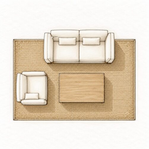 Rug size guide illustration for two seater lounge with 180x290cm rug
