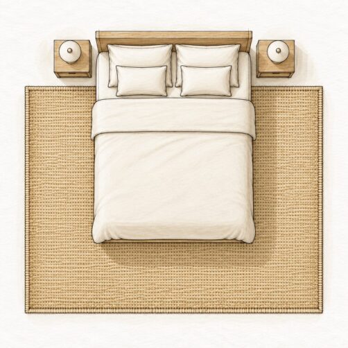 Rug size guide illustration for double bed with 240x330cm large rug