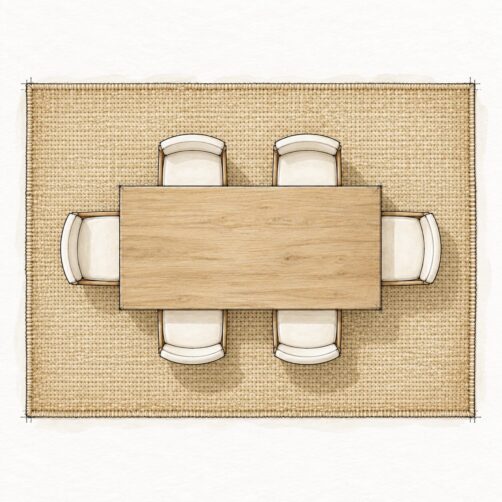 Rug size guide illustration for six seat table with 240x340cm rug