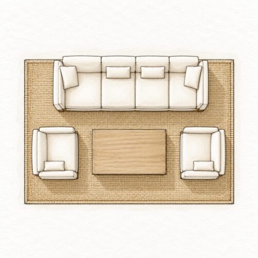 Rug size guide illustration for three seater lounge with 200x290cm rug