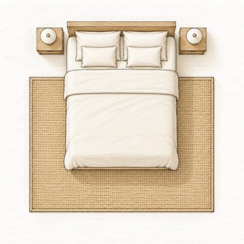 Rug size guide illustration for double bed with 180x290cm medium rug