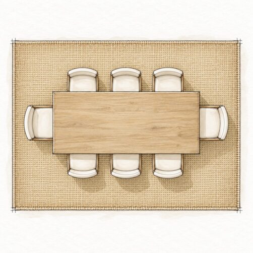 Rug size guide illustration for eight seat table with 255x365cm rug