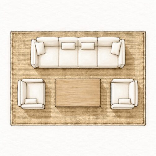 Rug size guide illustration for three plus seater lounge with 240x340cm rug
