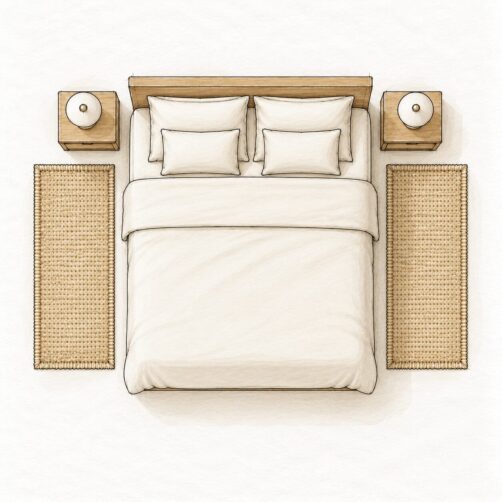 Rug size guide illustration for double bed with two 60x115cm bedside runners