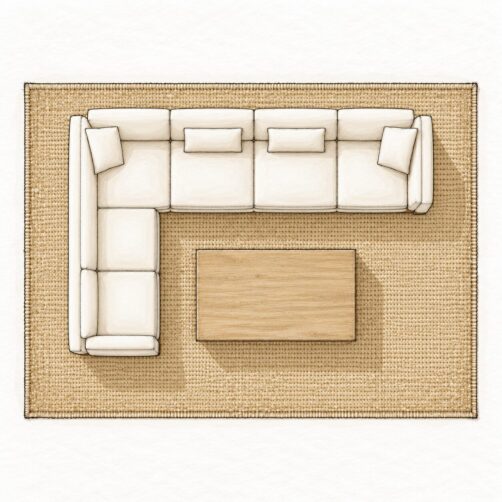Rug size guide illustration for four plus seater sectional with 280x400cm rug