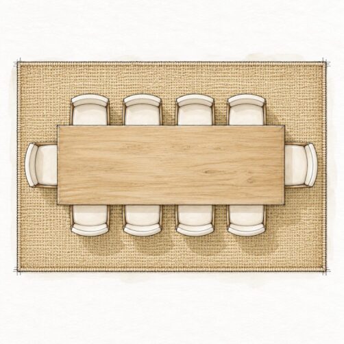 Rug size guide illustration for ten plus seat table with 266x400cm rug