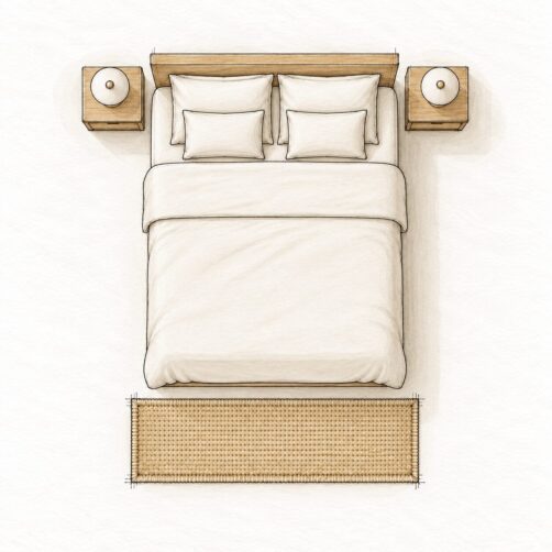 Rug size guide illustration for double bed with 80x150cm foot runner