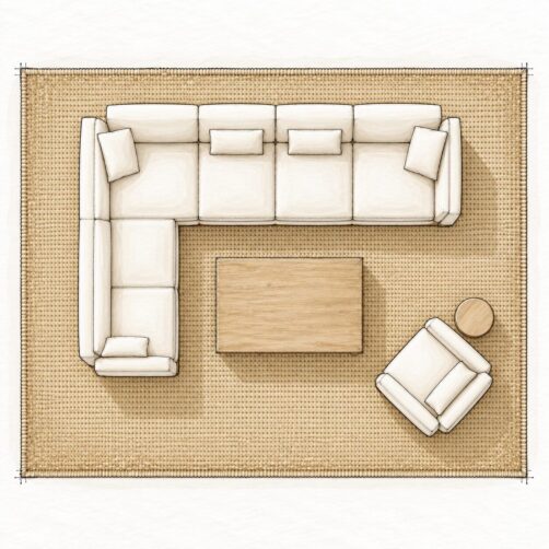 Rug size guide illustration for six plus seater sectional with 400x500cm rug