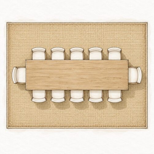 Rug size guide illustration for twelve plus seat table with 400x500cm rug
