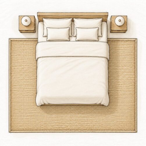Rug size guide illustration for queen bed with 240x340cm large rug