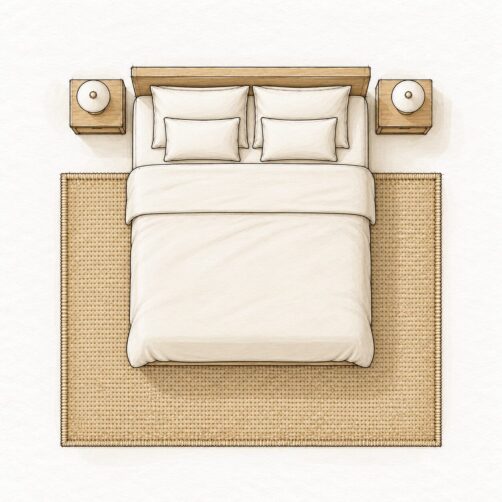 Rug size guide illustration for queen bed with 200x290cm medium rug