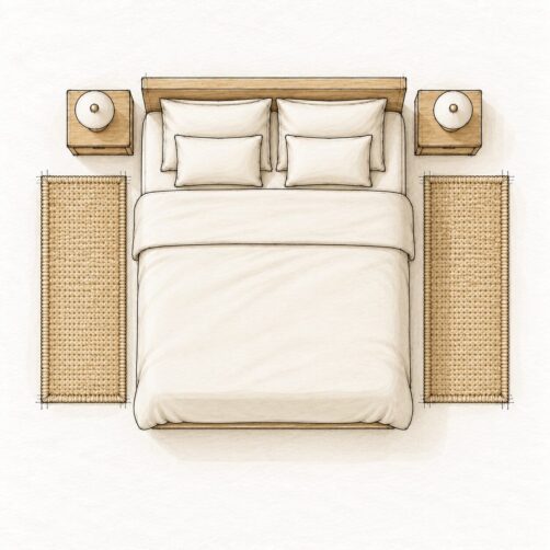 Rug size guide illustration for queen bed with two 60x115cm bedside runners