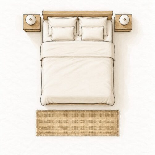 Rug size guide illustration for queen bed with 80x150cm foot runner