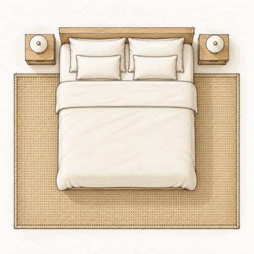 Rug size guide illustration for king/super king bed with 240x340cm large rug