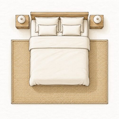 Rug size guide illustration for king bed with 200x290cm medium rug