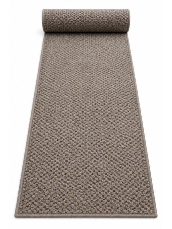 Linen Wool wool runner rug rolled up on a white background