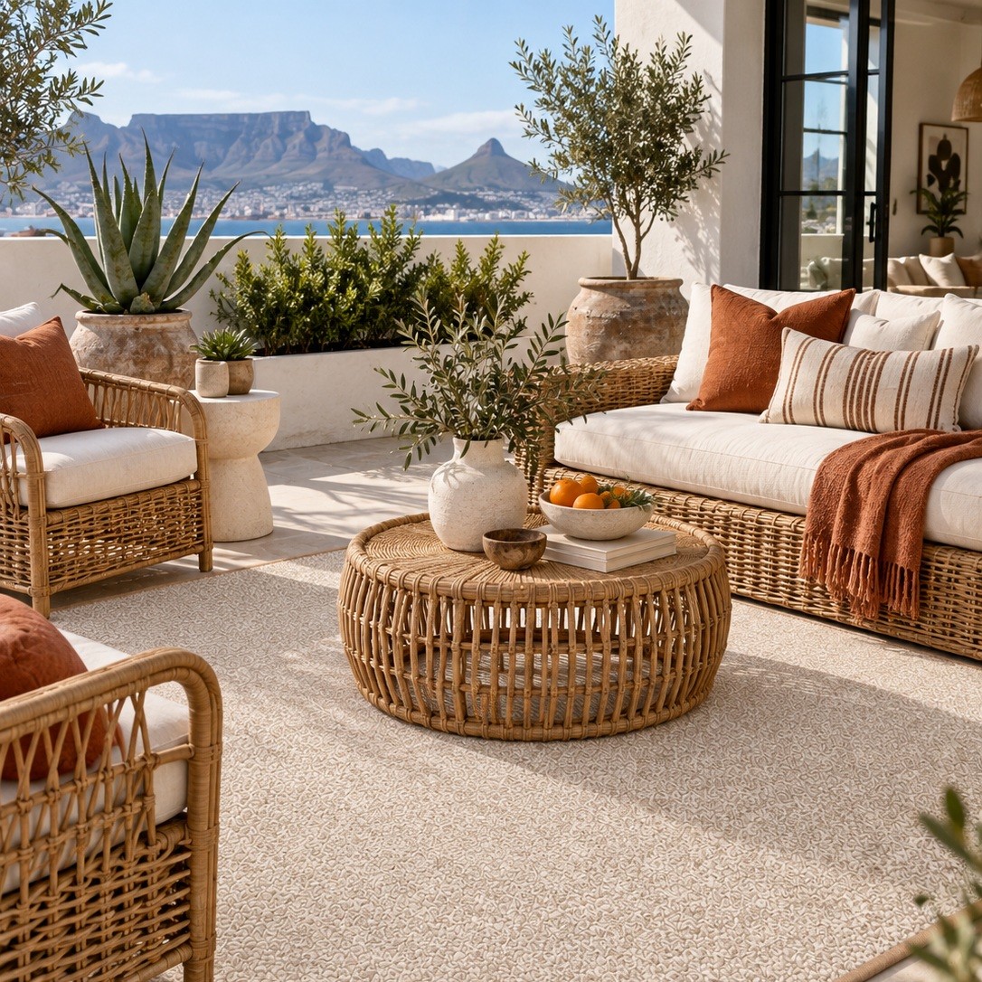 Sandstone wool rug styled in a room setting