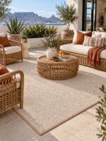 Sandstone wool rug styled in a room setting