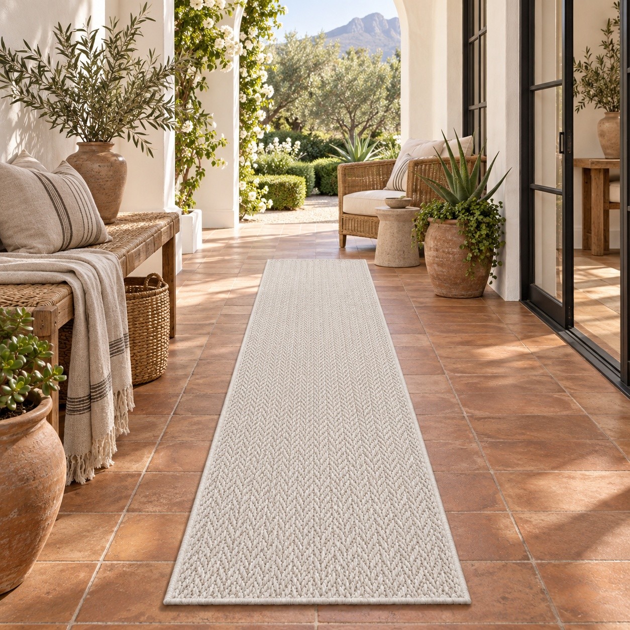 Wool Weave Herringbone wool runner rug styled in a hallway